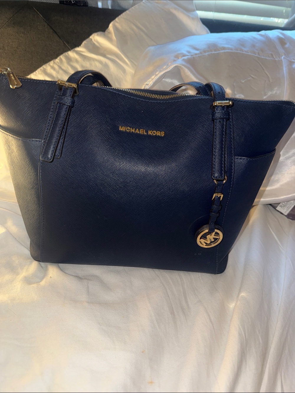Michael Kors navy blue Saffiano tote with gold hardware